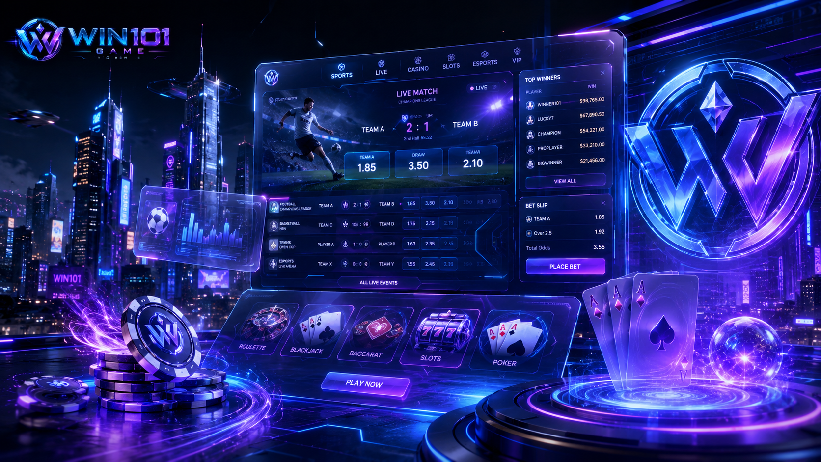 Win101 Game futuristic odds board with sports rows and card panels